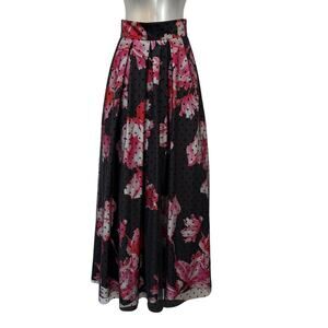 Eliza J Swiss Dot Floral Maxi Skirt Women's Size 6 Black Pink